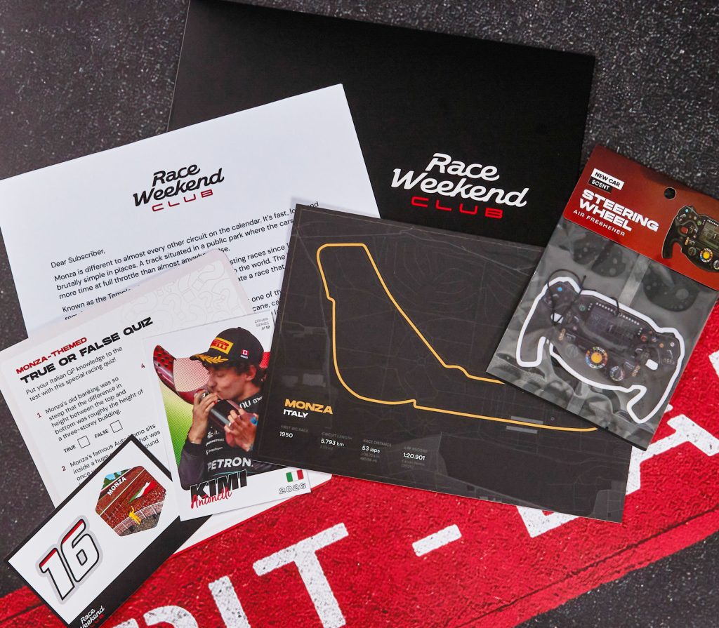 A Race Weekend Club pack with a Monza track map, welcome letter and quiz cards