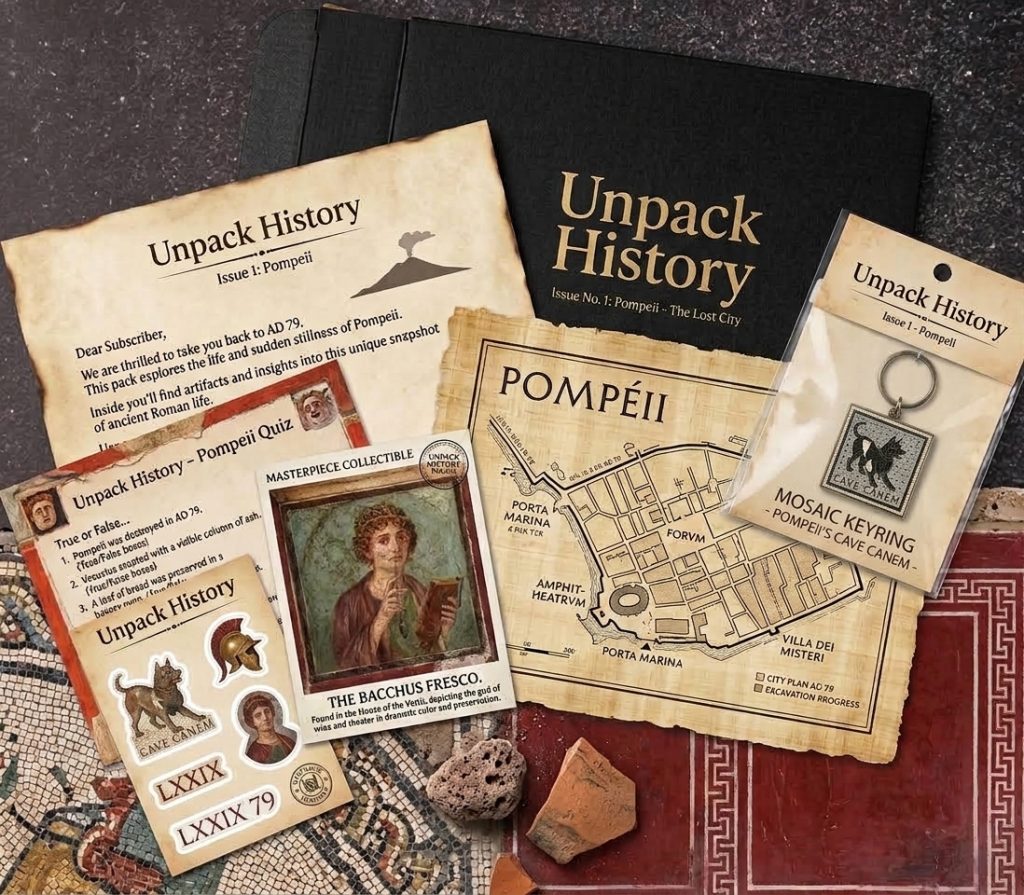 An UnpackHistory Pompeii pack with a map, letter, collectibles and pottery fragments
